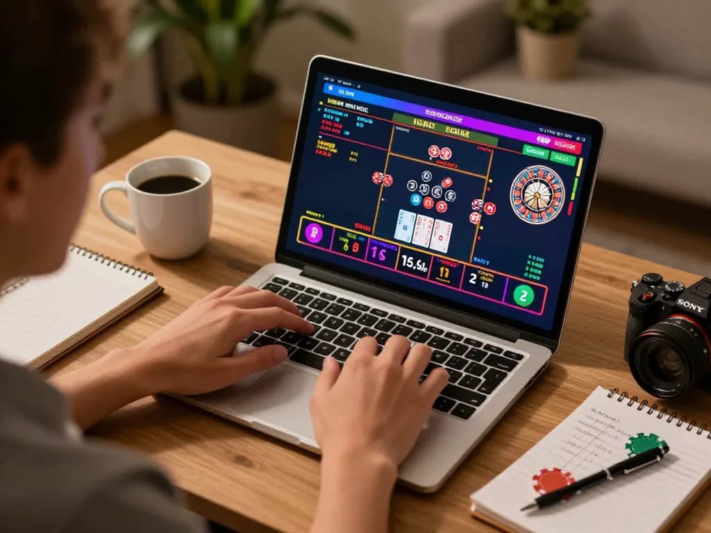 Player analyzing jun88 casino game on laptop, showcasing strategic online gambling environment
