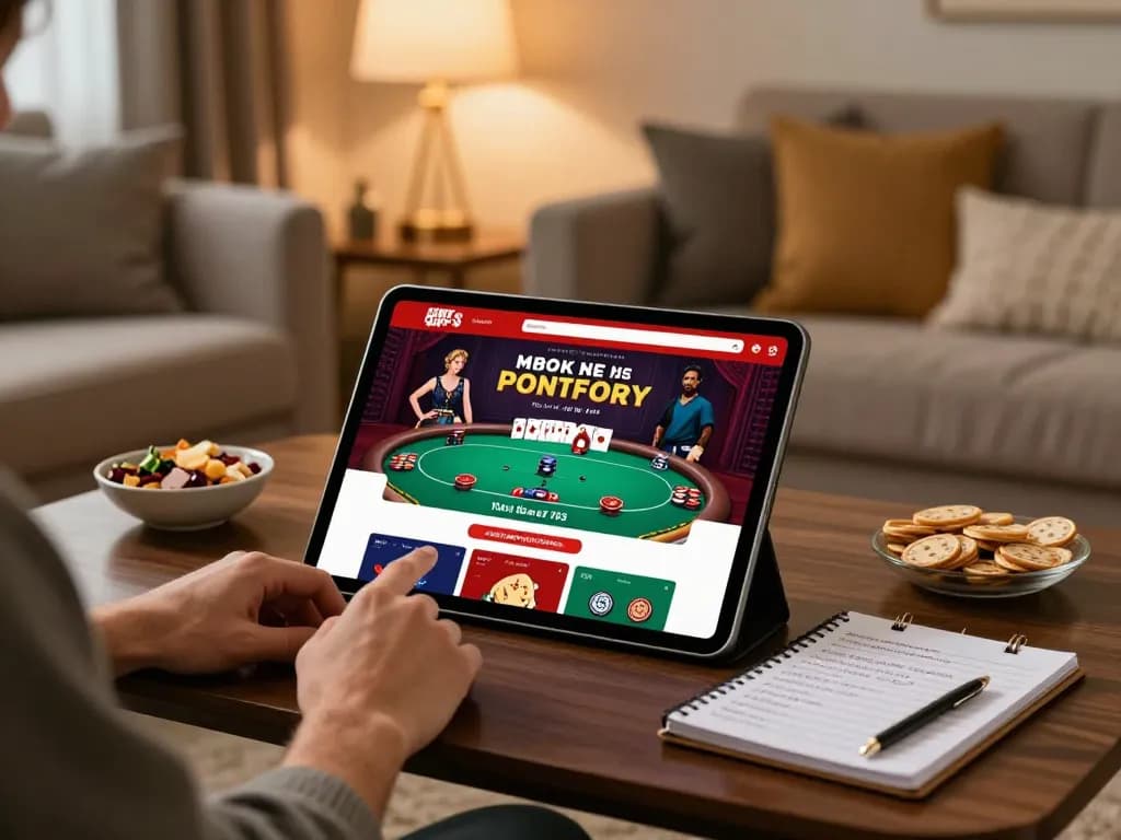 F168 player engaging with high-stakes poker game on tablet in a cozy home setting.