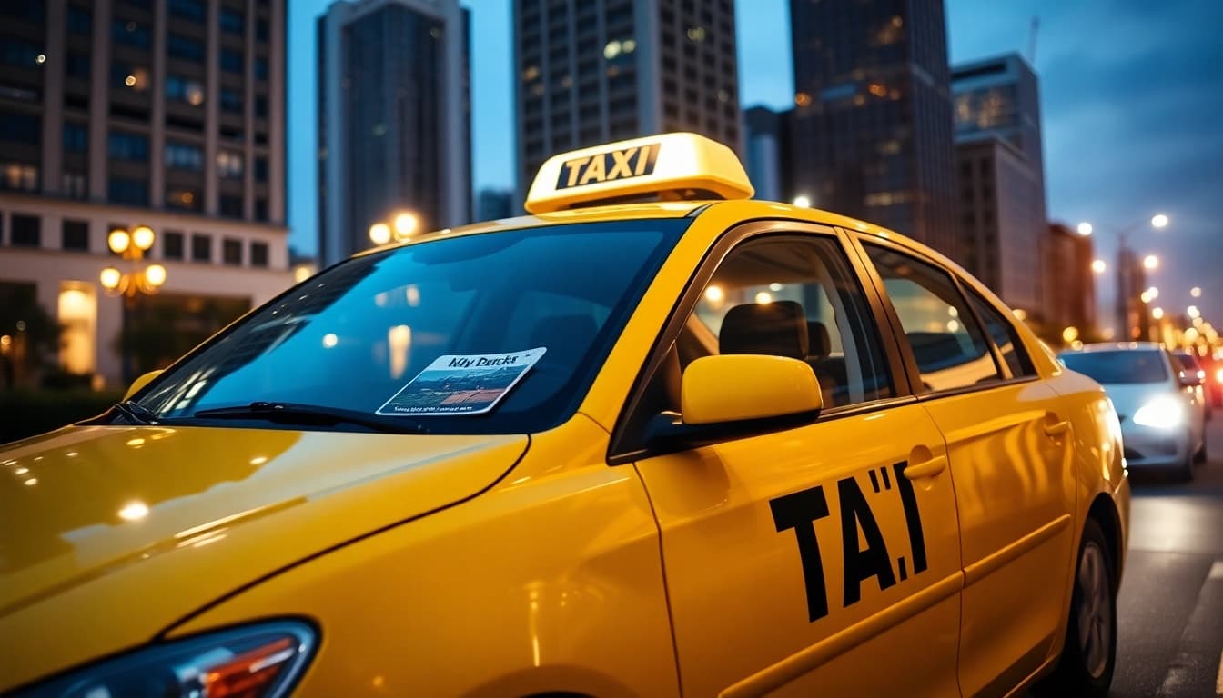 Taxi parked in an urban area at dusk, adorned by city lights and dynamic surroundings.
