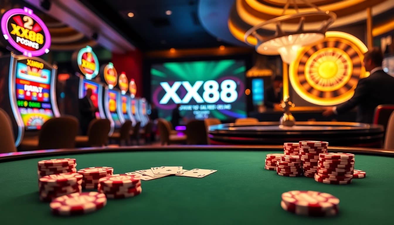 Experience the thrill of gambling at XX88 with a vibrant casino scene featuring poker and slot machines.