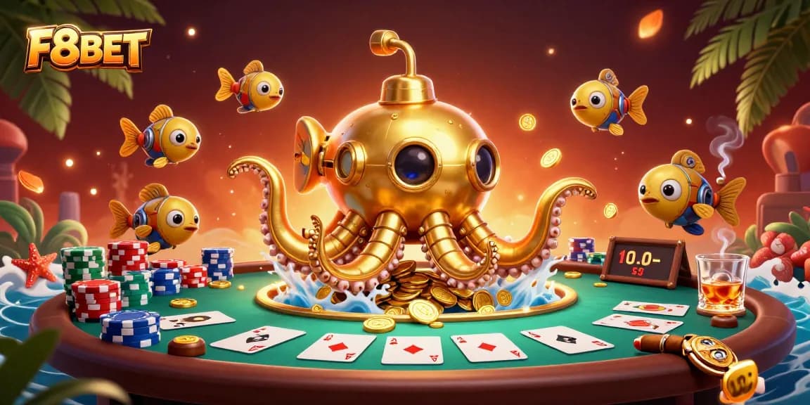 Win big with F8BET as the golden kraken submarine emerges from coins in an exciting casino scene.