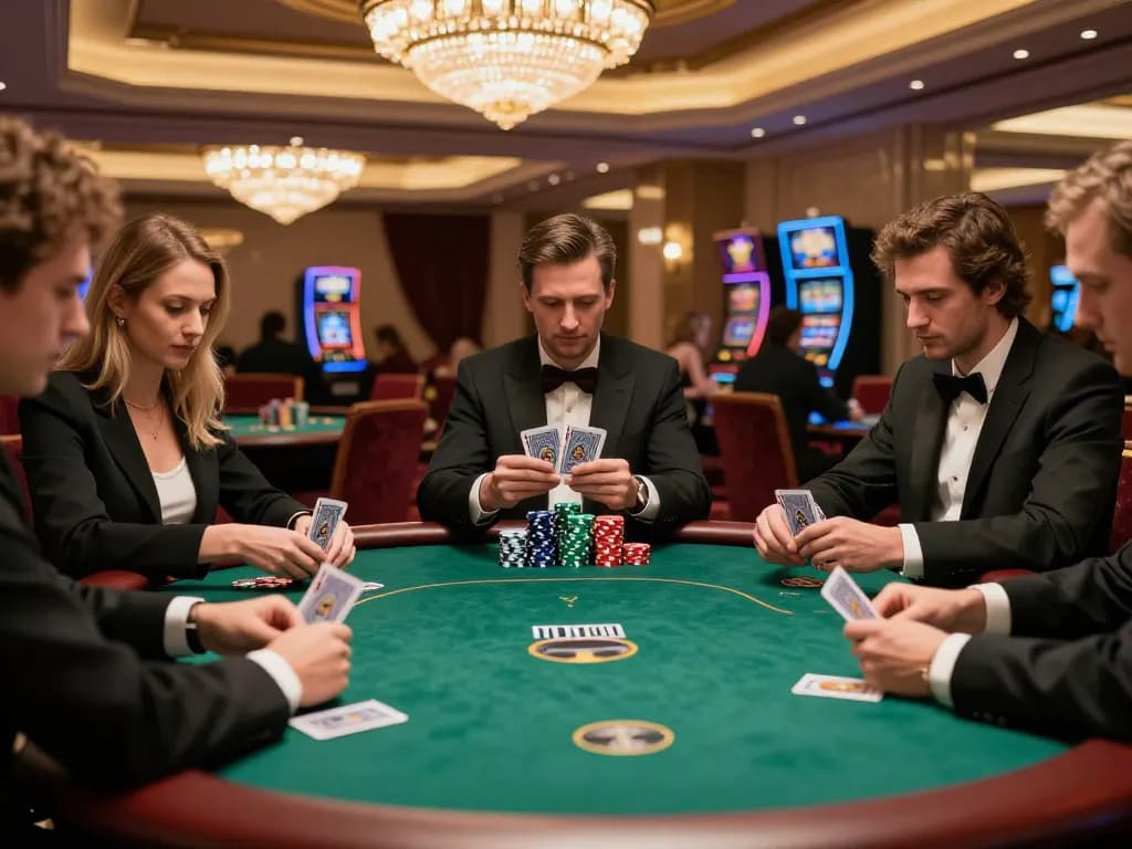 Players engaged in a strategic poker game at a luxury casino, featuring 89bet chips and cards.