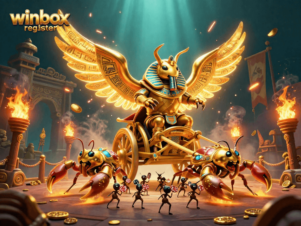 Join the excitement and win with Winbox register, featuring a powerful golden scarab and scorpions in a dramatic casino scene.