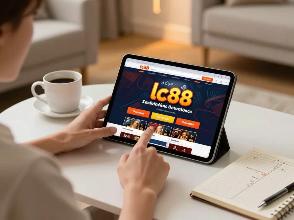 Person engaging with the lc88 casino app on a tablet in a cozy home setting.