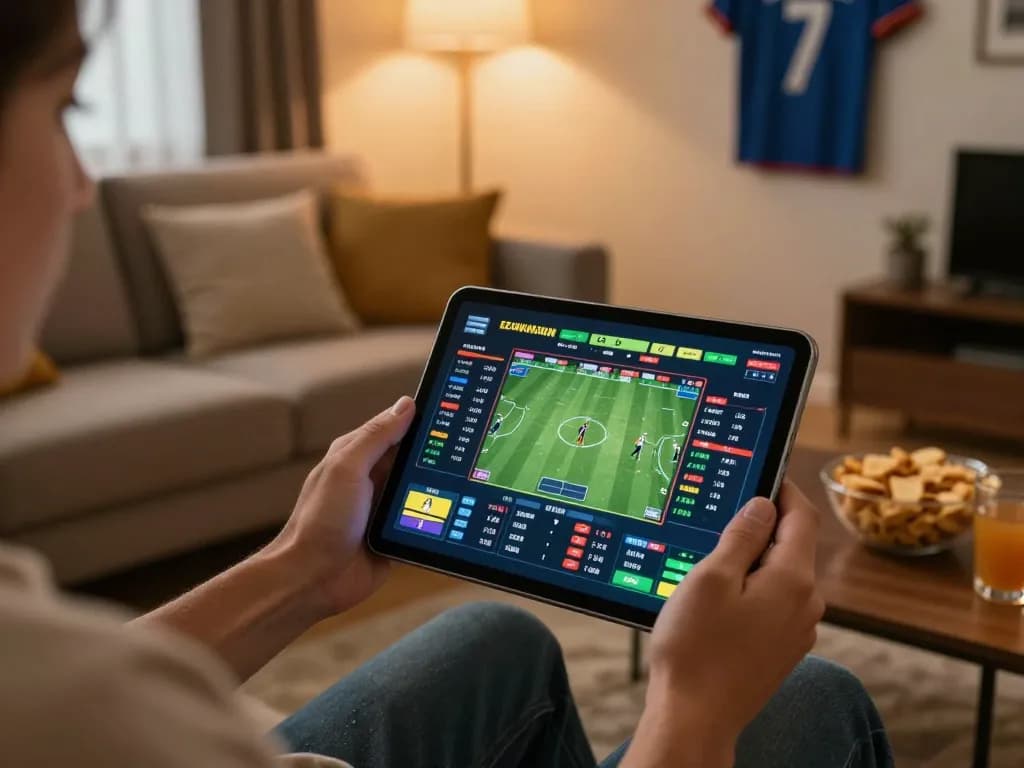 KONG88 user placing sports bets on a tablet in a cozy living room with warm lighting.