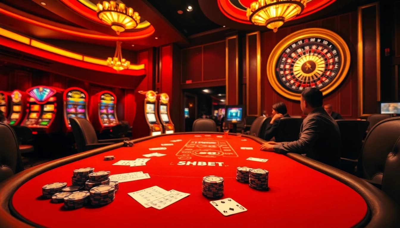 Engage in exciting gameplay at SHBET's luxurious casino scene with poker tables and vibrant slot machines.