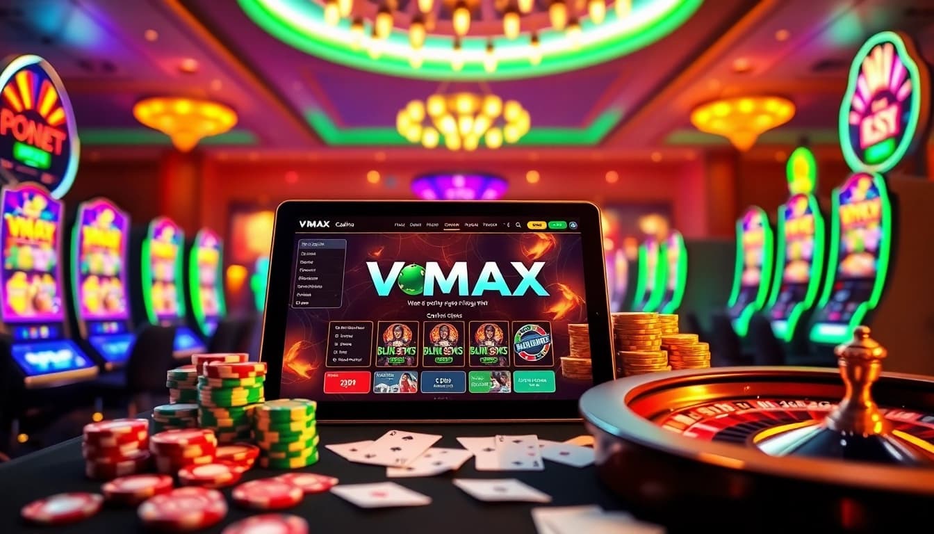 VMAX interface showcased in a vibrant casino setting with slot machines and poker chips.