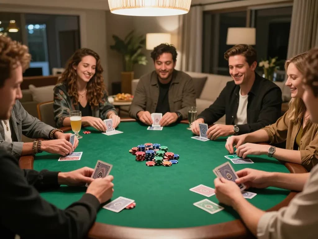 Engaging poker gameplay scene at a home game night showcasing game bài đổi thưởng strategies with friends