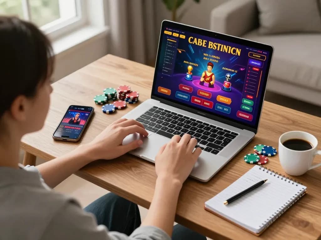Player engaging with an online casino game on laptop at home, showcasing strategic gaming with lsa.