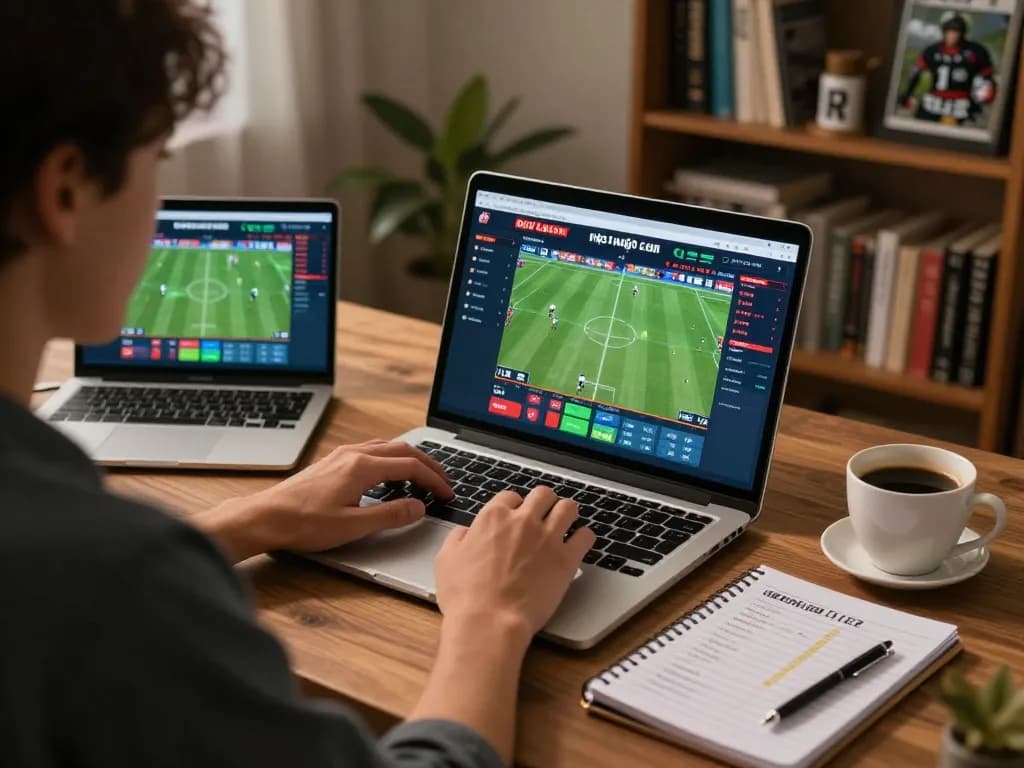 Engaging with kèo nhà cái during sports betting at home setup with laptop and notes.