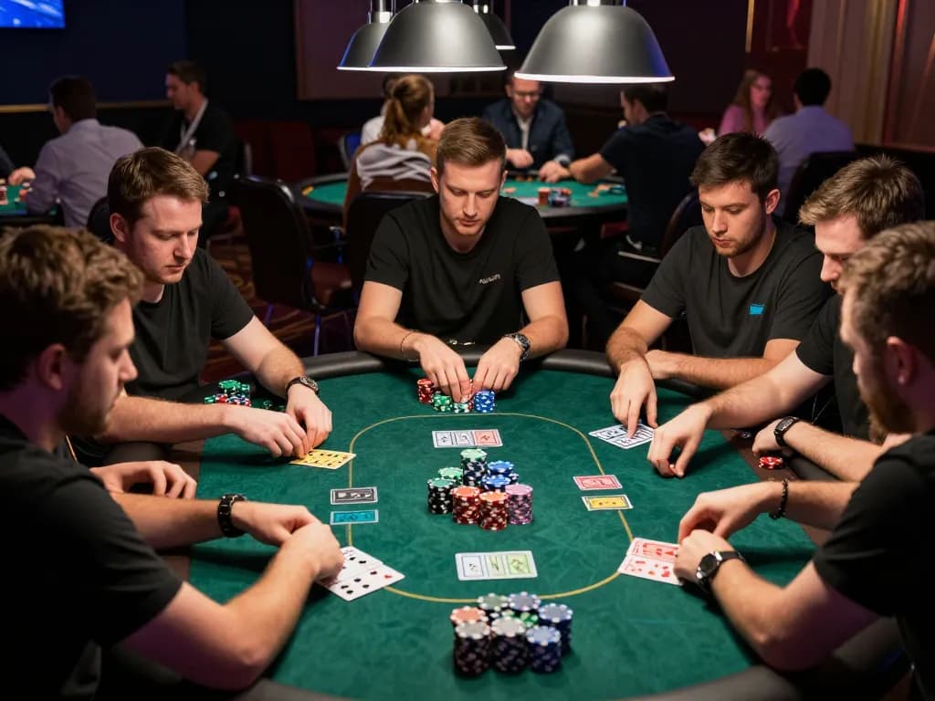 Intense poker gameplay at the 79KING casino with vibrant chips and focused players.