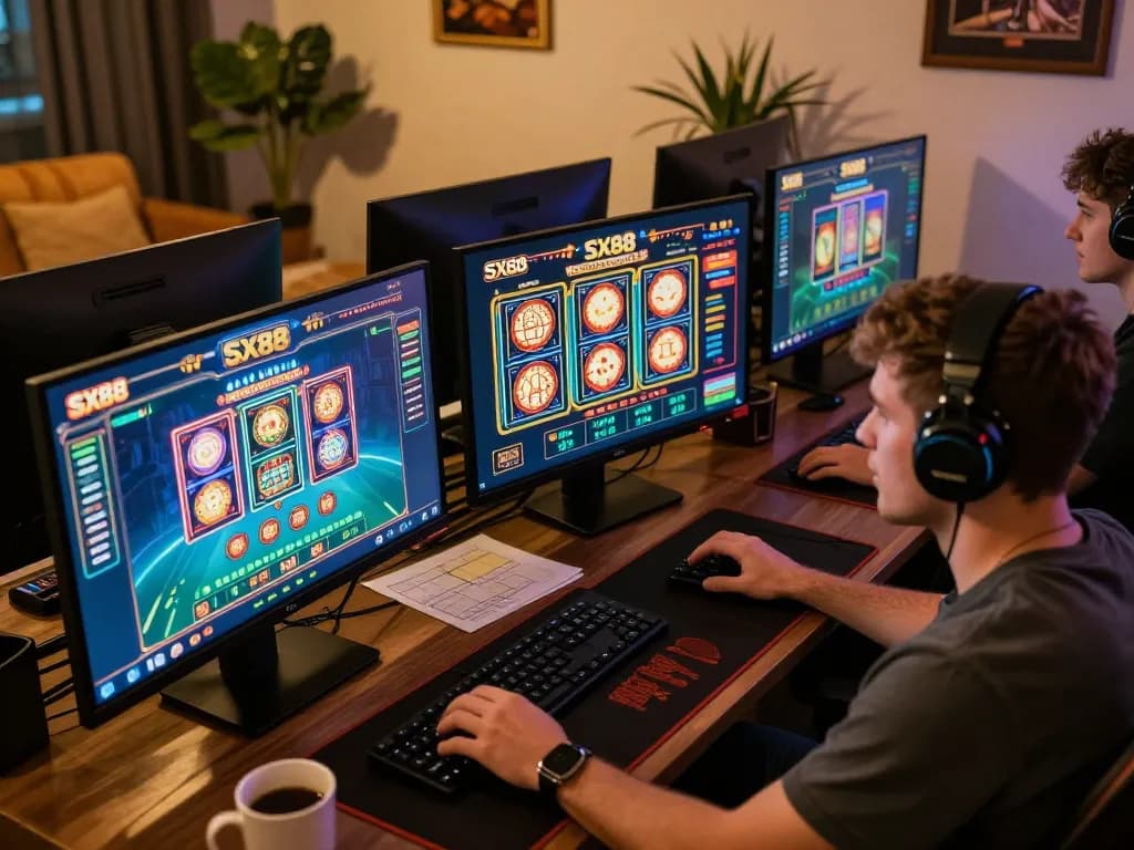 SX88 casino player engaging with live dealer games and slots on multiple screens in a cozy home setting.