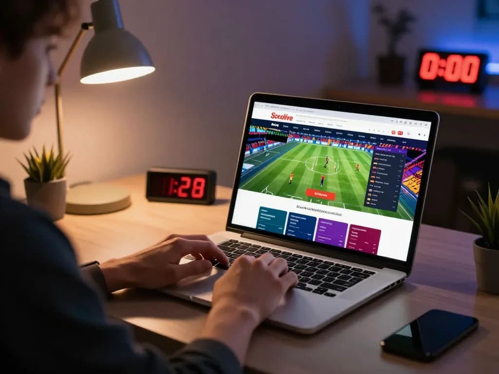 Socolive user engaged in sports betting with a laptop showing live football streaming.