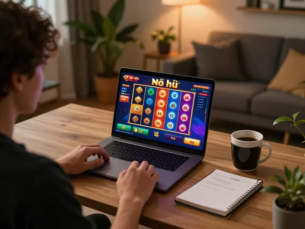 Nổ hũ gameplay on a laptop with colorful slots displayed, showcasing strategic online gaming experience