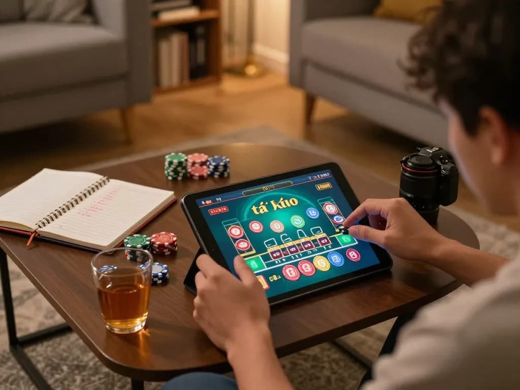 Tai xỉu players strategizing online in a cozy living room, illustrating comfortable gambling.