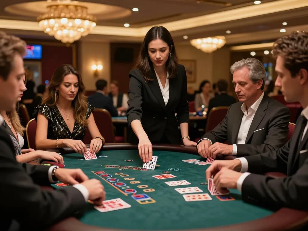 Players engaging at the ok365 blackjack table, showcasing a luxurious casino atmosphere.