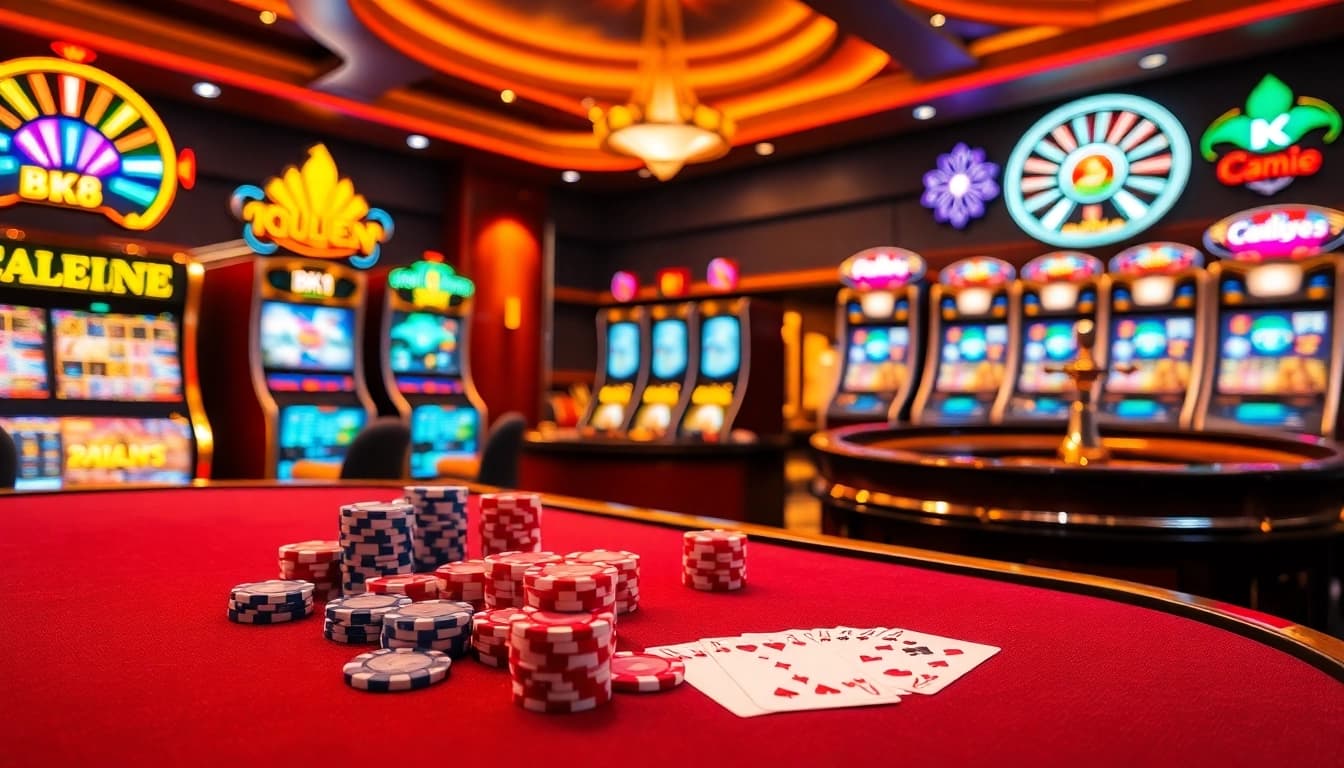 BK8 players enjoying a strategic casino experience with poker chips, cards, and a roulette wheel.