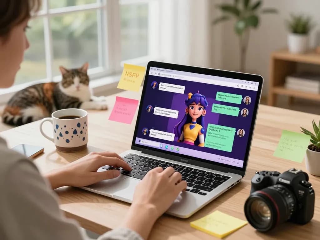 Engaging in nsfw chat ai in a cozy home office with laptop and character design.