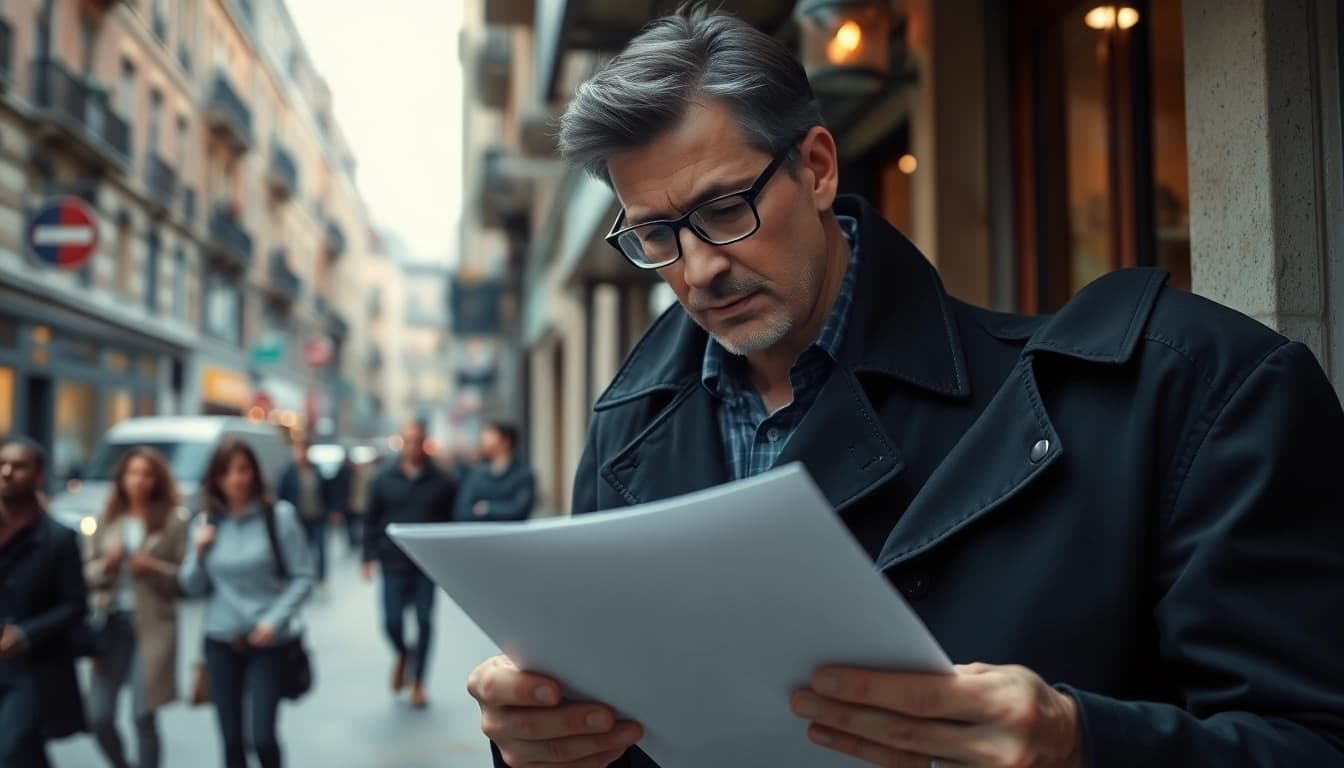 Private investigator analyzing case files in an urban setting with thoughtful gaze.
