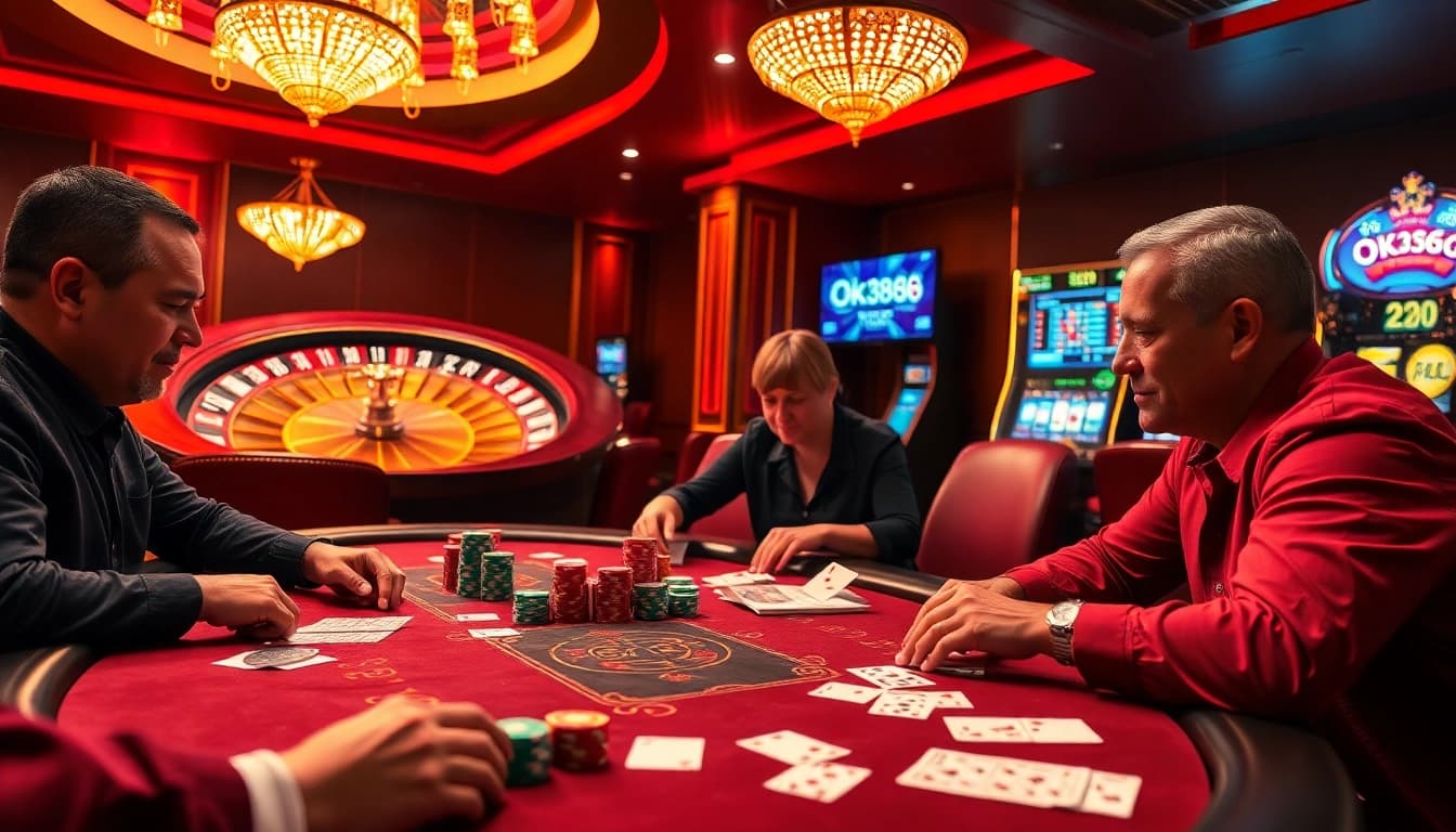 Intense poker gameplay with vibrant poker chips and ok8386 betting slips in a luxurious casino setting.