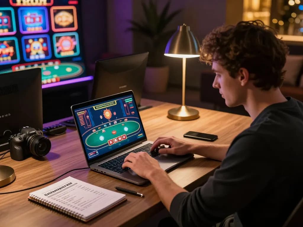 Hubet player engaging in online casino gaming strategy from a cozy workspace