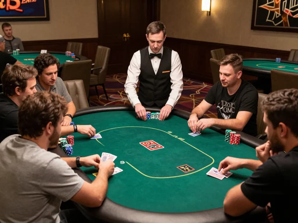 tr88 poker players strategizing with chips stacked in a vibrant upscale casino setting