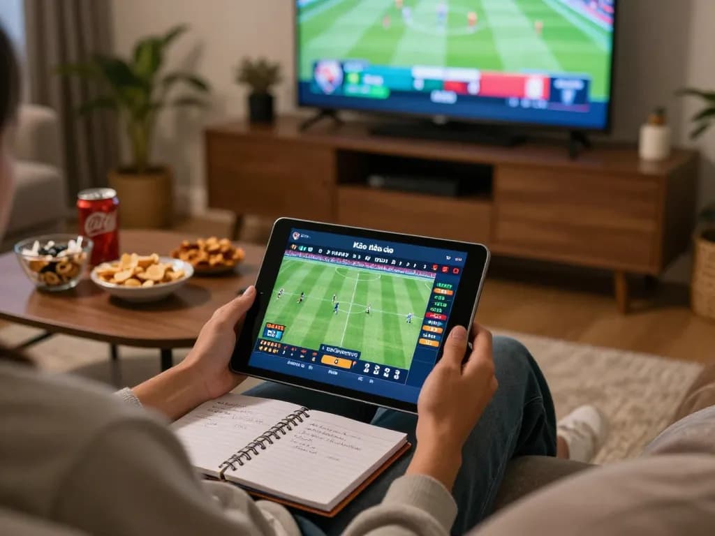 Kèo nhà cái sports betting on a tablet with live match display in a cozy home setting.