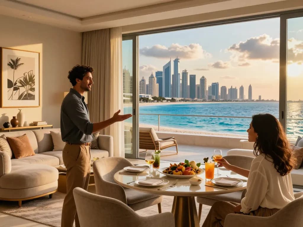 airbnb management dubai scene with a host welcoming guests in a luxurious beachfront apartment