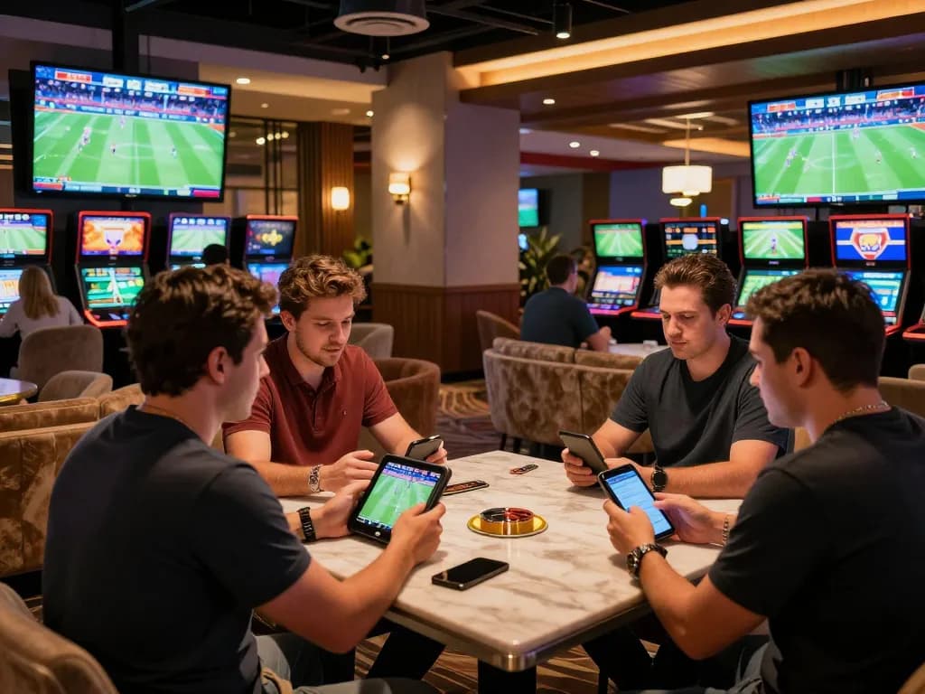 f168 bettors analyzing live sports events on screens in a vibrant casino atmosphere