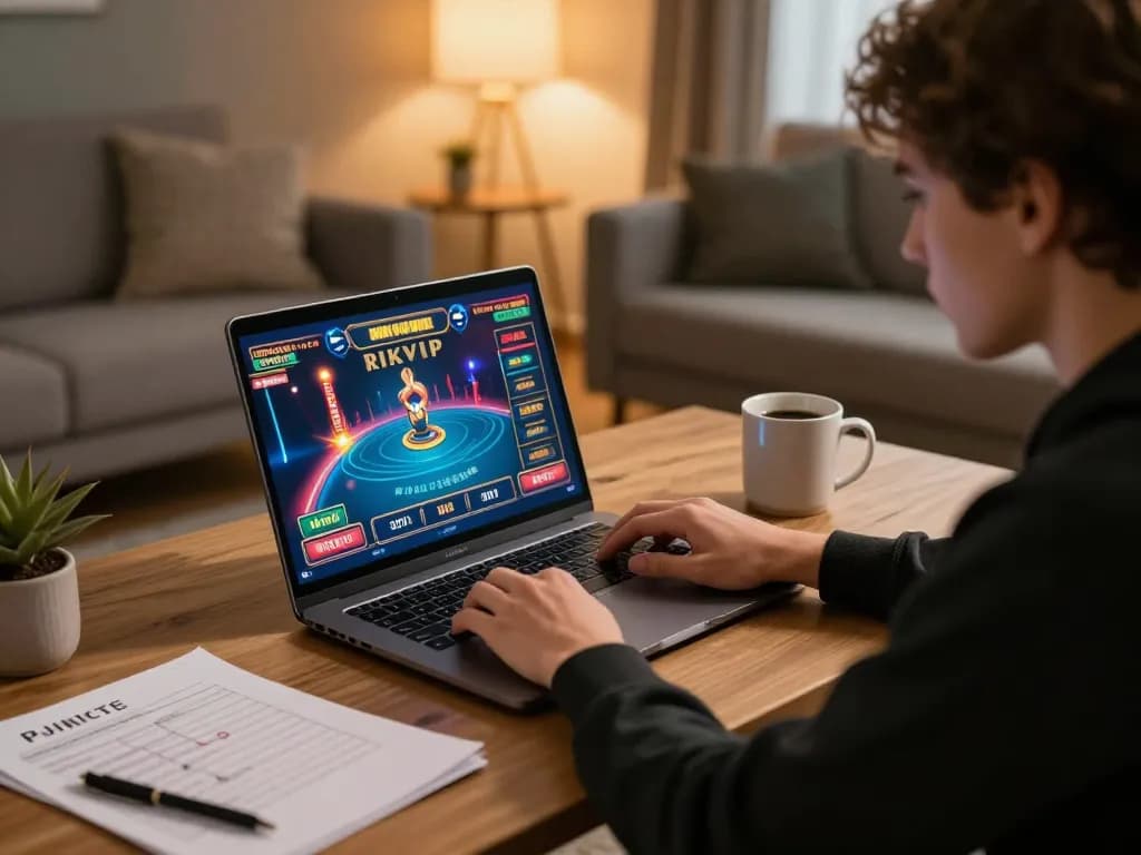 Player enjoying an intense game on Rikvip, showcasing online casino gameplay at home in a cozy setting.