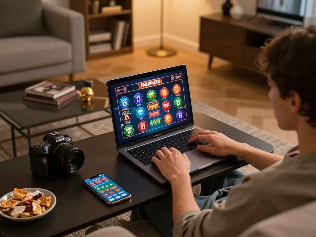 Engaging online casino gaming scene featuring nhacaiuytinn on a laptop in a cozy home setup.