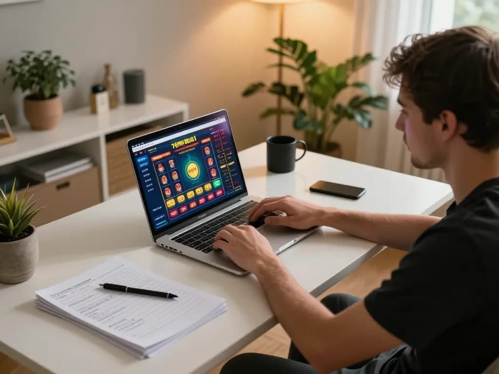 Player engaged in online gaming at 789bet, laptop visible with betting interface, cozy home setting
