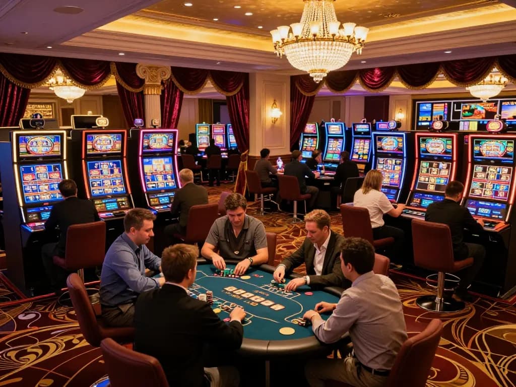 BL555 gamers enjoying a thrilling experience on the casino floor, vibrant slots and elegant decor.