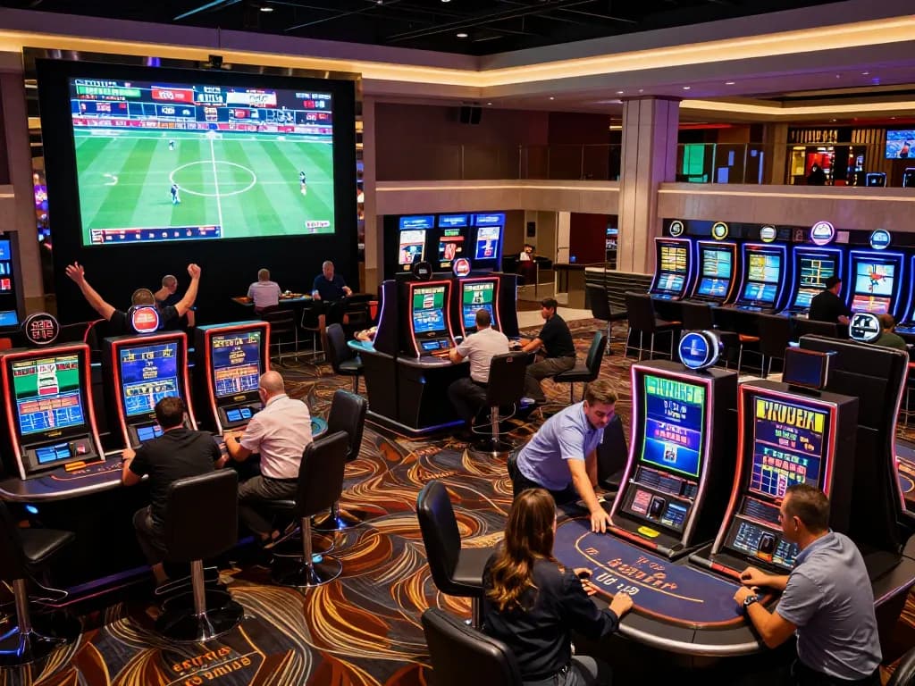 AE 888 players celebrating wins at a vibrant sports betting area in a modern casino