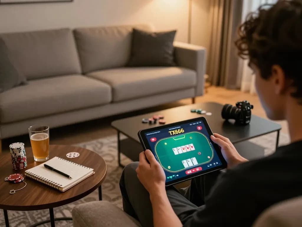 Player engages in online gambling on a TX666 tablet at a cozy home setting.