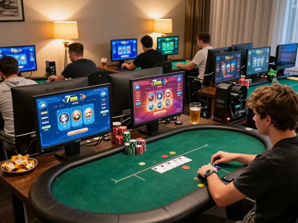 Players engaging in online gambling via 7m cn in a cozy home setup, showcasing strategy and excitement