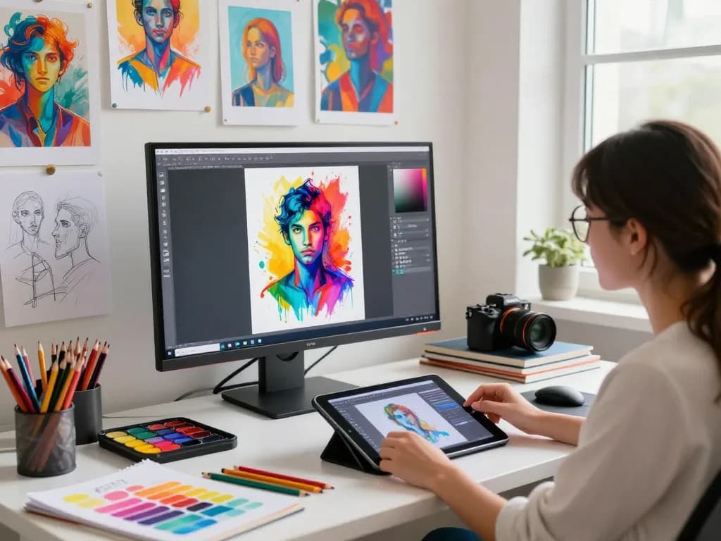 AI artist generating image prompts in a vibrant digital art studio