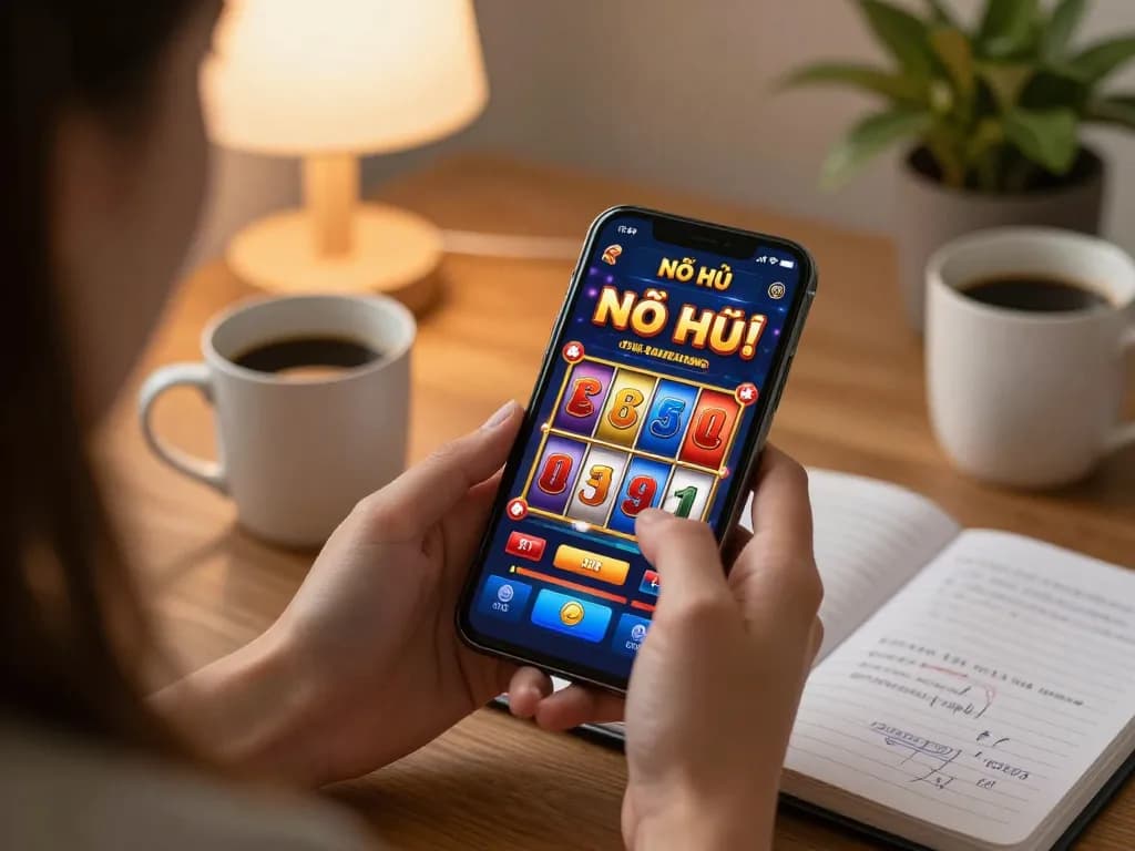 Nổ hũ player engaging with a mobile slot game in a cozy home setting, showcasing responsible gambling.