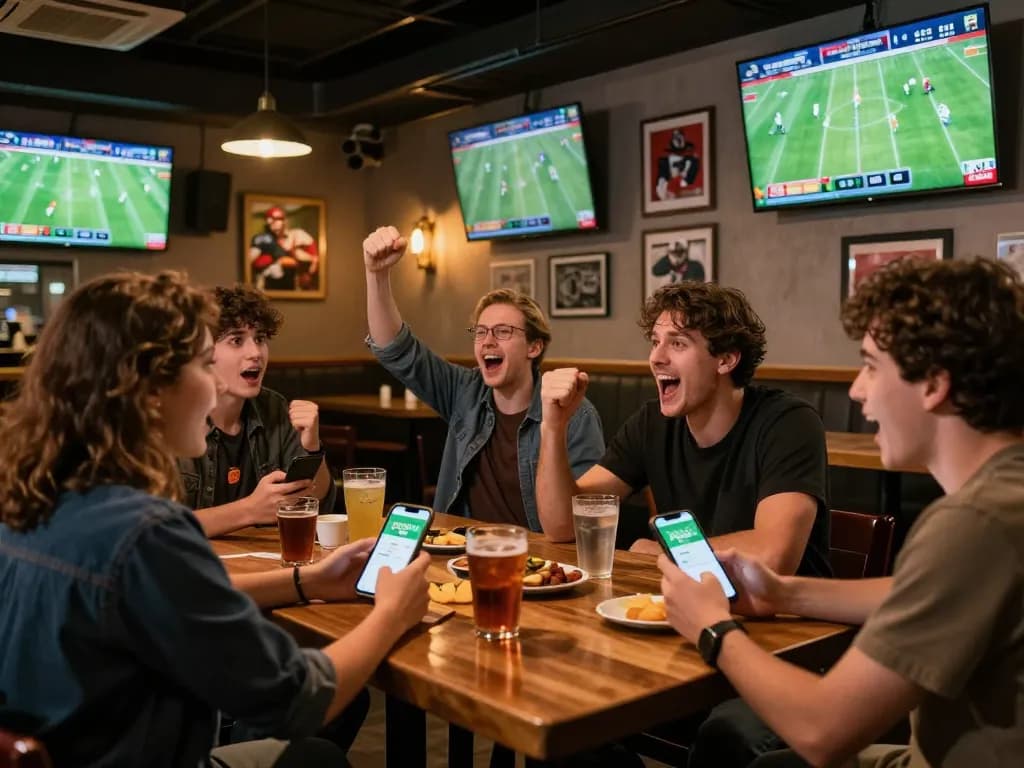 KQBD users enjoying a live sports event while placing bets on smartphones in a lively atmosphere.
