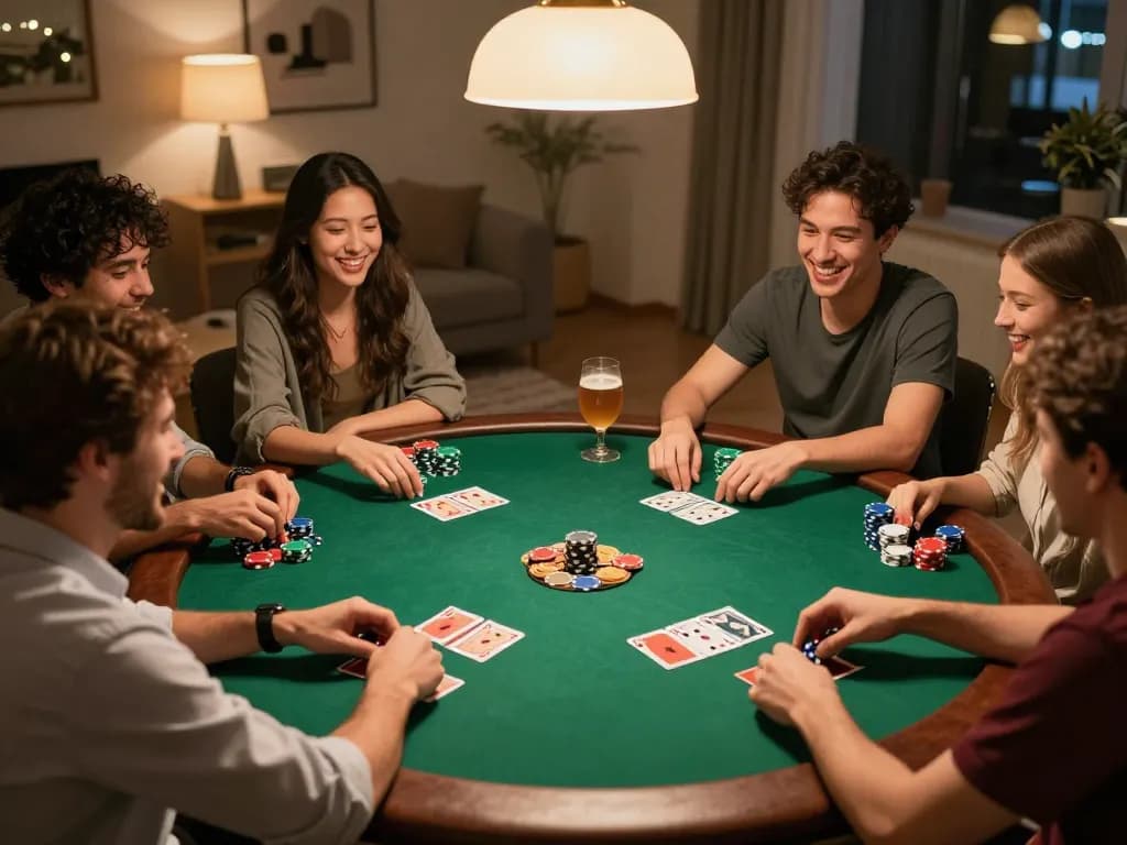 Enjoying competitive poker night with FC88 among friends, highlighting chips and cards.