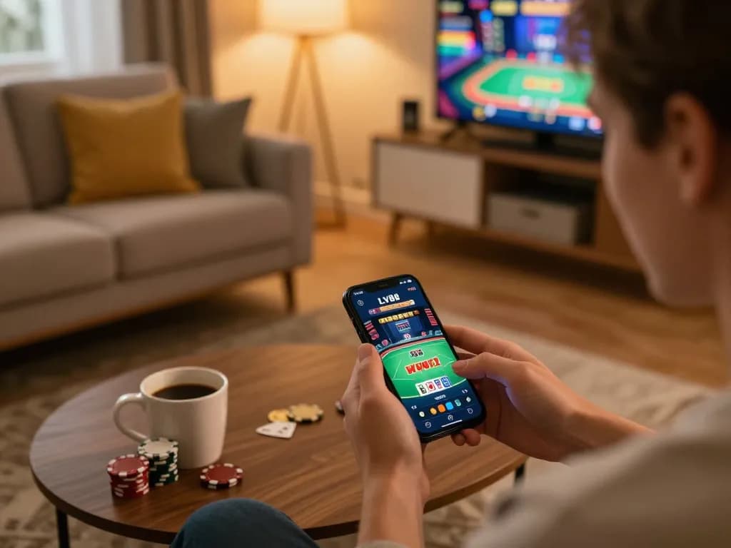 Player exploring poker games on LV88 app in a cozy living room setting