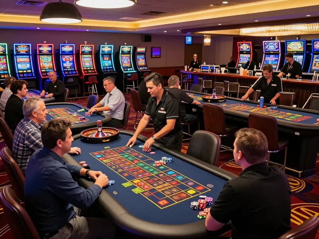 KUWIN features a dynamic casino setting with players engaged at roulette tables and colorful chips in action.