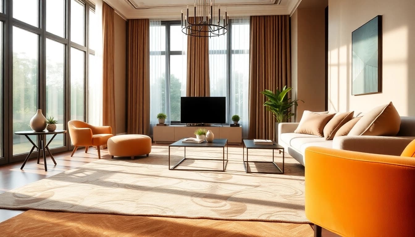 Showcase tappeti a Milano enhancing a chic living room's ambiance with warm hues and elegant designs.