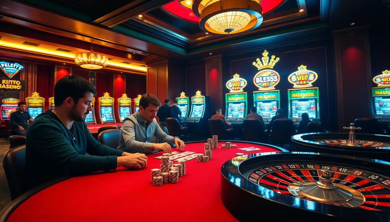Experience the thrill of BL555 with players at a luxurious poker table in a vibrant casino.