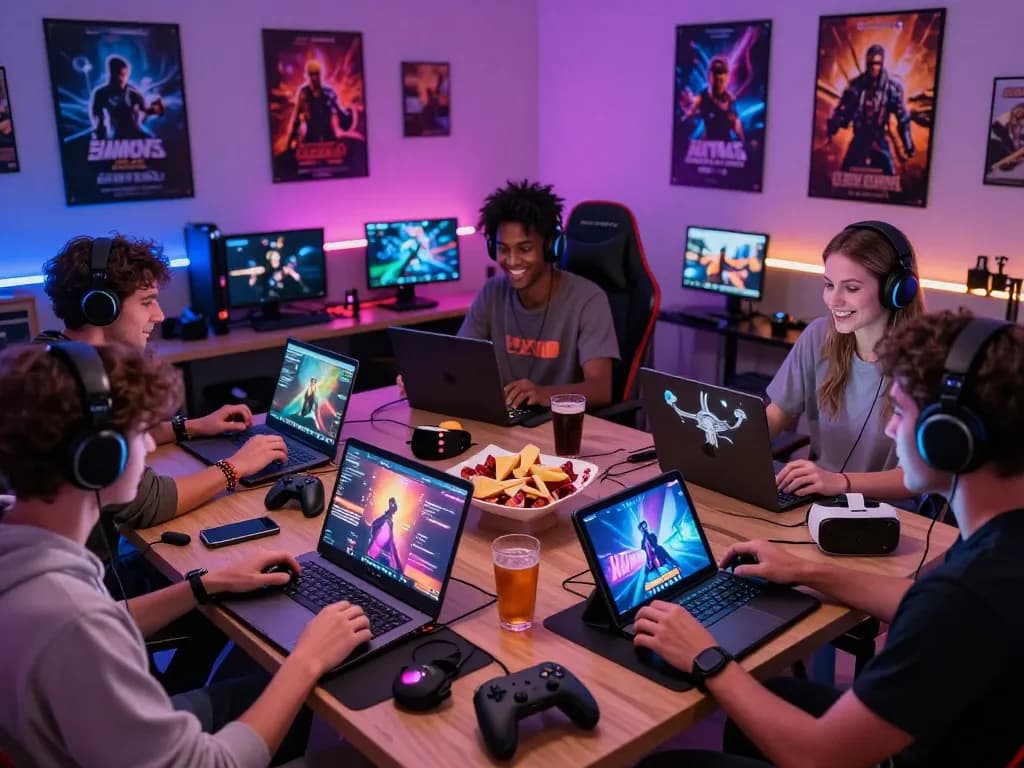 Engaged players enjoying immersive porngame experiences on multiple devices in a vibrant gaming room.