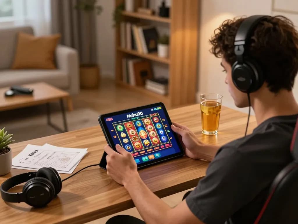 Nohu90 app displayed on a tablet during a home gaming session, showcasing engaging online casino options.