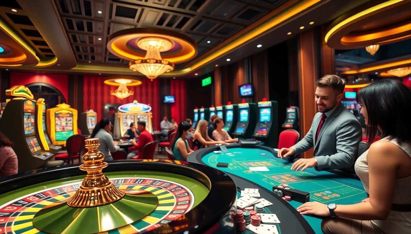 Players enjoying exciting games at https://xx88.today/ in a vibrant casino atmosphere, showcasing slots and poker.