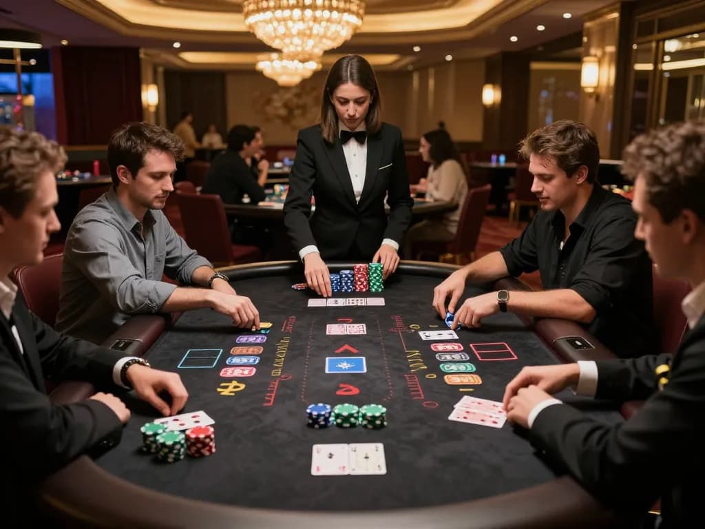 Engaged players strategizing their bets at a Bsport blackjack table in a luxurious casino setting.