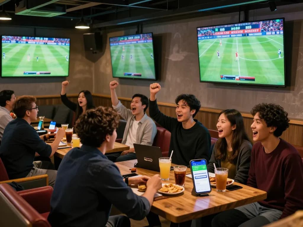 Fans actively placing bets on Net88 app while watching a live football match in a lively sports bar