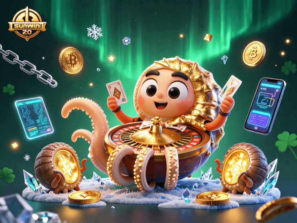 Experience sunwin 20 with a vibrant 3D illustration showcasing dynamic casino elements.
